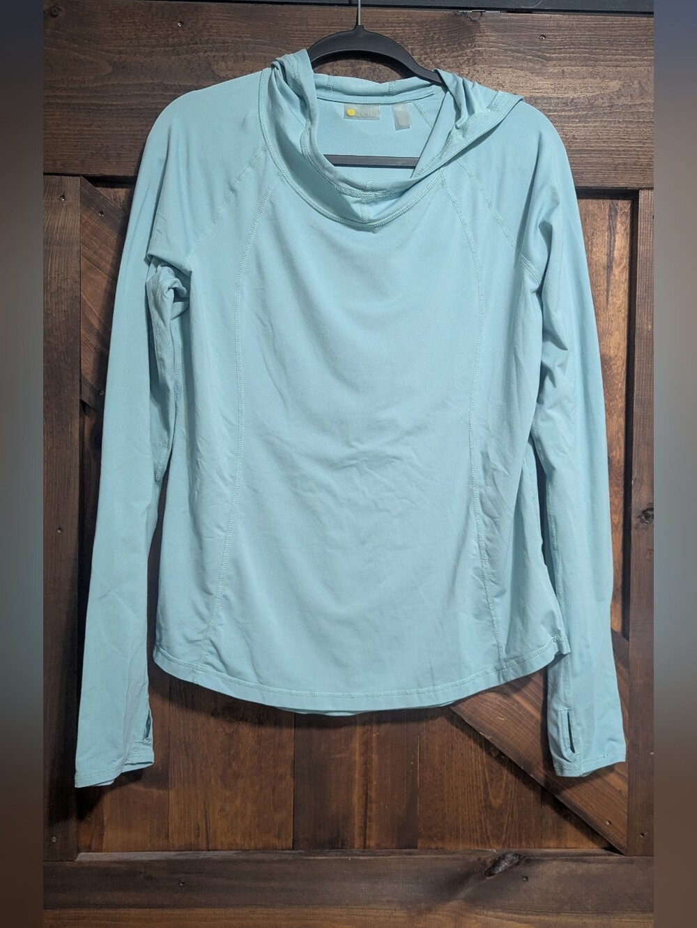 Zella Light Blue Long Sleeve Hooded Active Top Thumbholes Size Larg